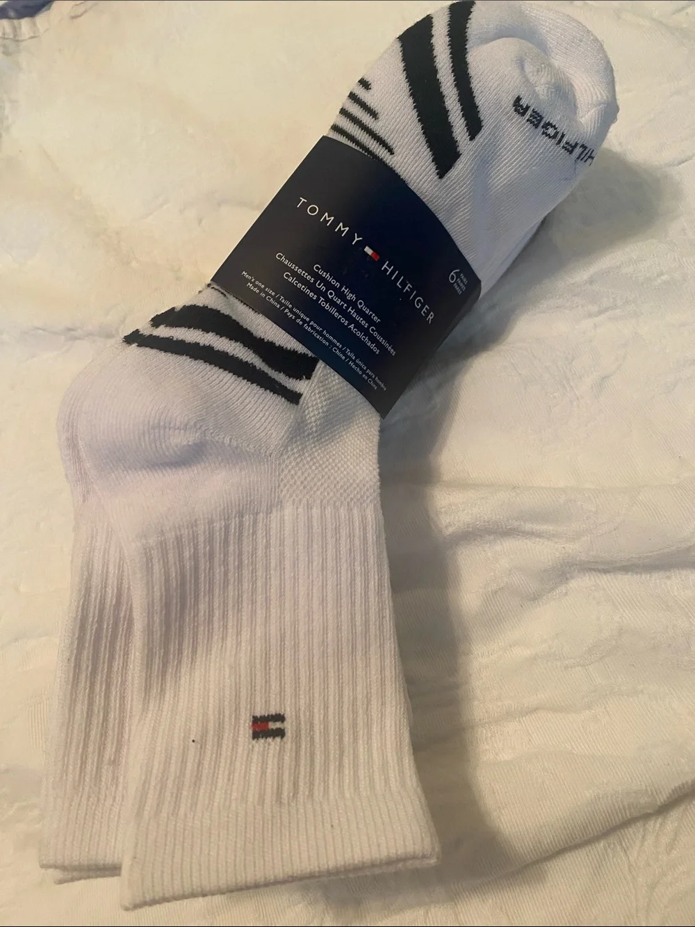 Tommy Hilfiger White Athletic Crew Socks with Black Stripes